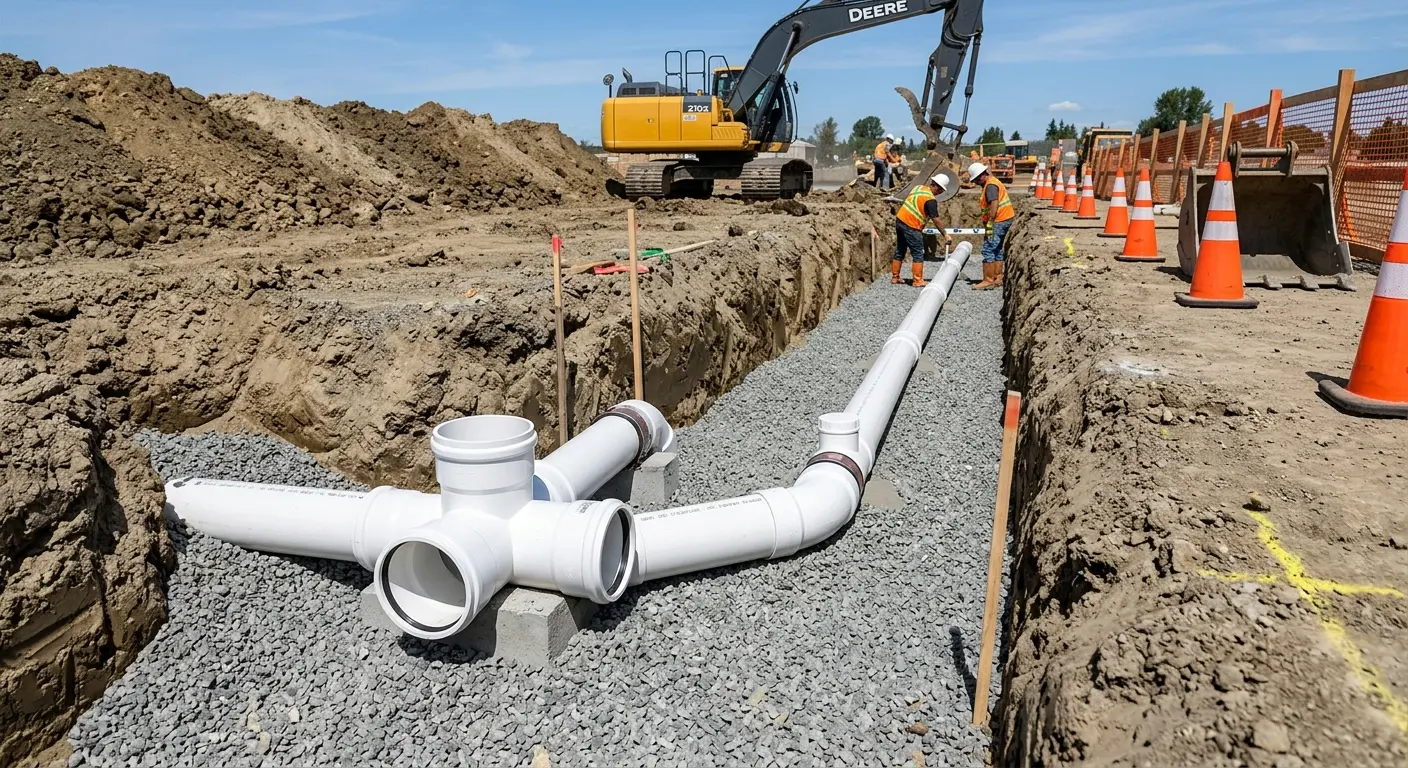 New PVC sewer pipe installation in open trench for Sewer Camera Inspection in Ulysses